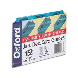 Oxford Laminated Tab Index Card Guides, Monthly, 1/3 Tab, Manila, 4 x 6, 12/Set, Sold as 1 Set