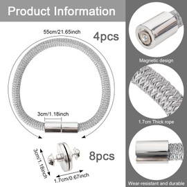 Naapesi Pack of 4 Grey Magnetic Curtain Tiebacks with 4 Pairs Curtain Magnetic Closure, Curtain Tie Holder, Curtain Accessories for Home and Office
