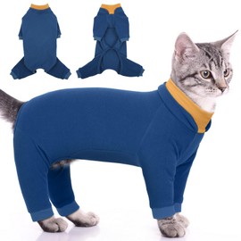 T'CHAQUE Sticky Hair Cat Onesie - Soft Long Sleeve Cat Pajamas, Anti-Shedding,Surgery Recovery Suit, Wound Protection & Preventing Licking, Kitten Sweaters for Male Female, Blue-XS