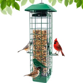 GAINSEN Squirrel Proof Bird Feeder, Metal Bird Feeders for Outdoors Hanging, Weight Activated, 3Lb Capacity, 4 Ports, All-Weather Tube Bird Feeder for Outside, Cardinal Finch Bluebird Wild Bird Feeder