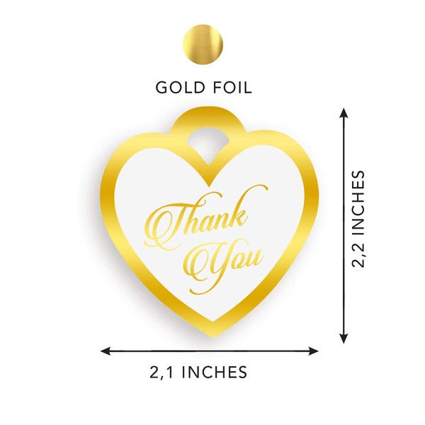 Gold Foil Heart-Shaped Thank You Tags 25-Pack - Size 2.2” x 2.2” Wedding & Party Favor Labels