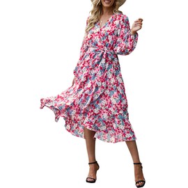 PRETTYGARDEN Women's Floral Print Boho Dress Long Sleeve Wrap V Neck Ruffle Belted A-Line Flowy Maxi Dresses (Floral Pink,X-Large)