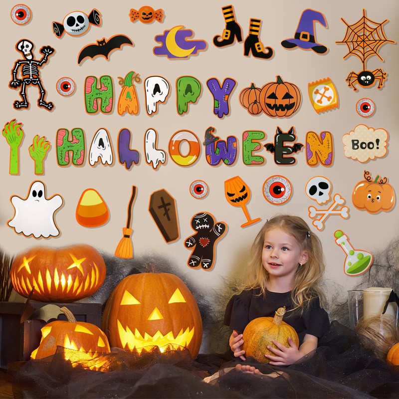 FINGOOO 45 PCS Halloween Cutouts, Cute Happy Halloween Paper Cut