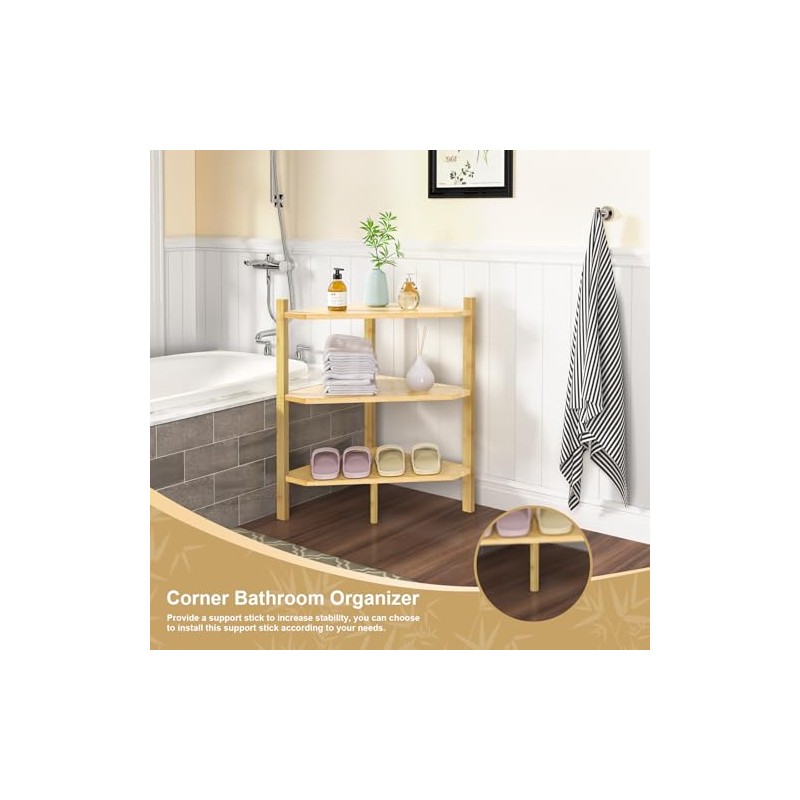 Wisuce Corner Shelf Stand - 3 Tier Bamboo Small Corner
