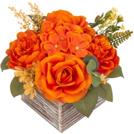 Flower Arrangement with Wooden Vase 8" Artificial Flowers in Pot - Fake Flowers Roses Peonies Hydrangeas in Wooden Vase Potted Artificial Flower Centerpieces for Table Decor Living Room - Burnt Orange