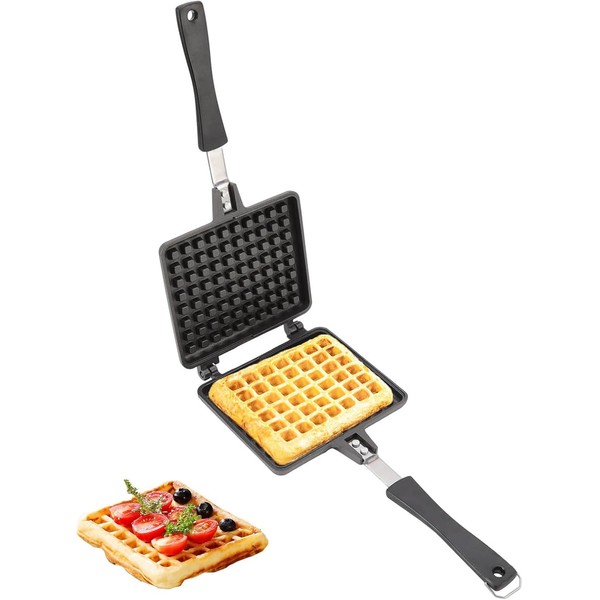 Waffle baking tray with long handle and non-stick coated muffin