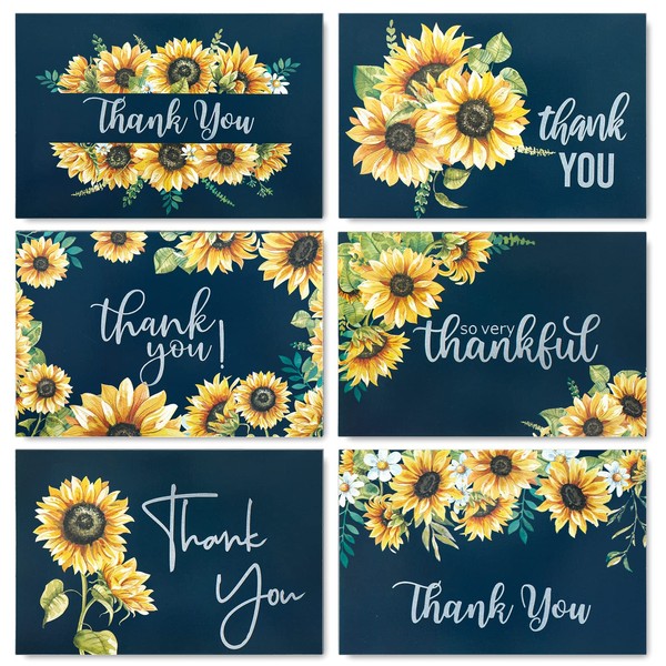 AnyDesign Sunflower Thank You Cards Bulk 36 Pack Blue Thank You Notes with Matching Seal Stickers Envelopes Watercolor Summer Floral Greeting Cards for Wedding Baby Shower Bridal Birthday Party