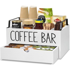Coffee Station Organizer with Drawer, Wooden Coffee Bar Accessories Organizer for Counter, Farmhouse Kcup Coffee Pod Holder Storage Box with Handle, Coffee Bar Organizer Station for Coffee Bar Decor1