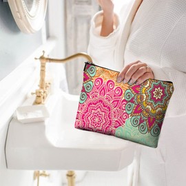 Givotin Pequeña bolsa de maquillaje para bolso, bonita lona, bolsa de cosméticos impermeable para mujer, bolsa de aseo de viaje con cierre, Bolsas de maquillaje de flores de mandala