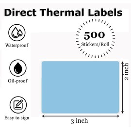3" x 2" Thermal Labels Stickers Blue, Thermal Printer Thermal Shipping Stickers, Multipurpose Inventory Self-Adhesive Direct Thermal Label for Small Business (500 Labels/Roll)