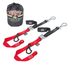 PowerTye 1.5 inch x 6 ft Deluxe Soft-Tye Tie-Down Straps with Swivel Latch Hook & Storage Bag, Black/Red (Pair)