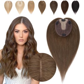 TESSHAIR Hair Topper for Women with Thinning Hair 12 Inch Human Hair Topper No Bangs 100% Real Human Hair 10 * 12cm Lace Silk Base Hand-Tied #04 Medium Brown