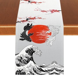 Camino de mesa japonés, tradicional Koi Cherry Blossom paisaje chino oriental, grandes olas estilo asiático, camino de mesa para el hogar, fiesta, cocina, comedor, decoración de boda, fiesta, 13 x 36