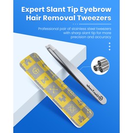 Expert Slant Tip Tweezers with Leather Case, GlamTweeler Sharp & Precision Stainless Steel Tweezer for Eyebrows, Facial Hair and Fine Hairs Removal (Silver)