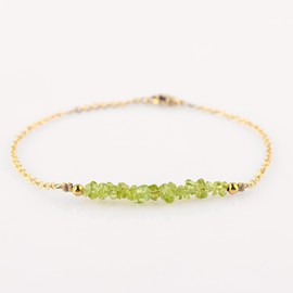 TGH Natural Peridot Chips Bar Bracelet, Healing Crystal, Gold Plated Raw Beads Bracelet, 7+1 inch Adjustable Chain, Gift For Her, Valentine Day Gift (Peridot)