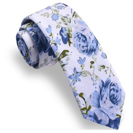 GUSLESON Mens Blue Floral Ties for Wedding White Olive Slim Cotton Tie Skinny Necktie for Groomsmen (0943-30)