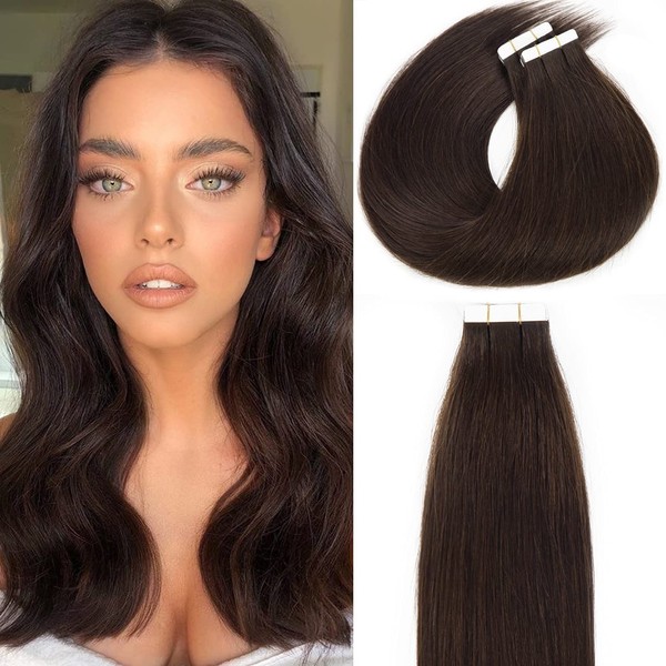 Lacerhair 22 inch Human Hair Extensions Tape in Hair Natural Black Balayage PU Skin Weft 100% Real Virgin Human Hair Color #2 Darkest Brown Double Side 50g 20pcs/set