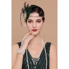 BABEYOND Art Deco 1920's Flapper Great Inspired Leaf Medallion Pearl Headband Black Feather
