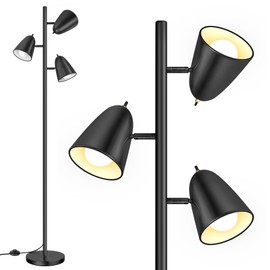 QiMH Tree Floor Lamp with 3 Light Bulbs, Standing Tall Pole Lamps for Living Room Bedroom Office, Reading Stand up Lamps with 3 Adjustable Arms, Black