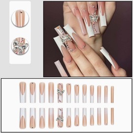 YoYoee Long Square Press on Nails Luxury French False Nails 3D Butterfly Nails Tips Full Cover Nude Fake Nails for Women and Girls 24PCS