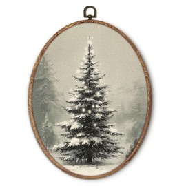 Hxlac Rustic Christmas Tree Oval Wall Art Framed, Winter Snowy Landscape Oval Wall Decor, Cottagecore Christmas Winter Hanging Canvas Prints Wall Sculptures for Farmhouse Home Decor, 8.5x11.5 Inch