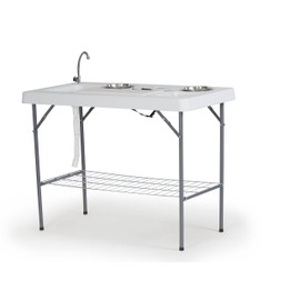 Old Cedar Outfitters Deluxe Fish Fillet Table, or Portable Folding Camping Kitchen with Cutting Board, Bowls, Knife, Odor Bar, Sink, Drain and More! 49.8" x 25.6" x 37.2", White,Camp