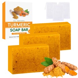 3PCS Turmeric Glow Soap, Natural Kojic Acid Soap for Face & Body, Handmade Turmeric Soap Bar for Dark Spots, Smooth Skin, Reduces Acne, Pores Shrink, Fades Scars