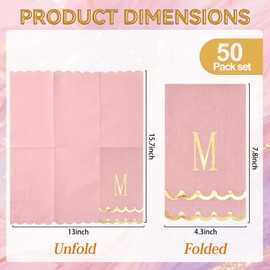 50 Pcs Scalloped Disposable Hand Towels Monogrammed Decorative Paper Napkins Pink and Gold Initial Guest Towels for Dinner Bathroom Party Supplies (M)