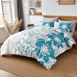 Teal Floral Comforter Set Queen Size 7 Piece, Teal Blue Flower Bed in a Bag, Elegant Botanical Floral Comforter Soft Microfiber Complete Bedding Set for All Season, (Teal, 90"x90")