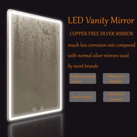 MIRTHIE LED Bathroom Mirror 24"x 32" with Front and Backlight, Stepless Dimmable Wall Mirrors with Anti-Fog, Shatter-Proof, Memory, 3 Colors, LED Vanity Mirror(Horizontal/Vertical)