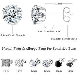 BVLAGIDA 10 Pairs of Men's Stainless Steel Stud Earrings Set, Hypoallergenic Cubic Zirconia Stud Earrings, Black Silver Ear Piercing for Men and Women