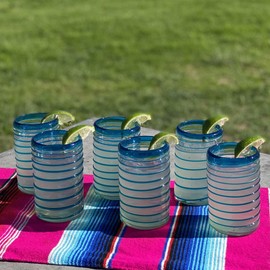 Dos Sueños Hand Blown Mexican Drinking Glasses – Set of 6 Glasses with an Aqua Spiral Design (14 oz each) …