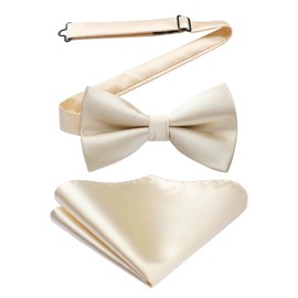 HISDERN Bow Tie Pre-Tied Men's Bow Tie with Pocket Square Set Plain Bow Tie Suit for Tuxedo Wedding, A1-Cream