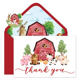 JarThenaAMCS 24Pcs Farm Animals Thank You Cards with Envelopes and Stickers Red Cartoon Animals Greeting Cards Blank Note Cards For Farmhouse Party Birthday Baby Shower
