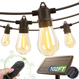 addlon 102FT(96+6) Solar String Lights Outdoor Waterproof with USB Charging & Remote Control - Dimmable Solar Power Patio Lights with LED Bulbs for Porch, Garden, Yard, Market, Bistro - Lasts 20+ Hrs