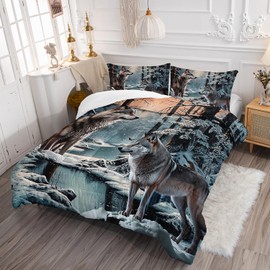 AILONEN Snow Wolf Comforter Set Queen Size, Brown Wolf Bedding Set,Snowfield Forest Animals Printed Comforter Sets,Teen Boys Breathable Duvet Set 3 Pieces, 1 Quilt and 2 Pillowcases