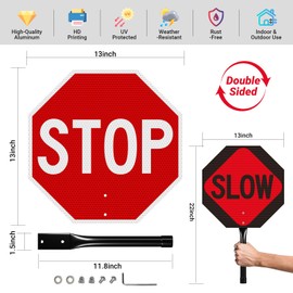 DazhiSigns 1 Pack Stop Slow Sign with Handle, 13"x13" Double Sided Stop/Slow Traffic Sign, Rust Free Reflective Aluminum, Fade & Weather Resistant, Waterproof, UV Protected, Easy to Mount and Read