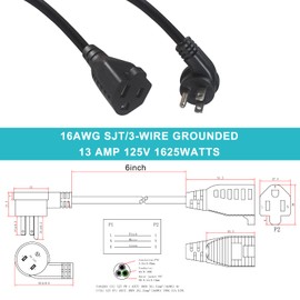 [5 Pack] Flat Plug Short Power Extension Cord - 6inch Black Low Profile Flat Head 3 Prong Grounded Indoor Extension Cord,16AWG 13amp Household Appliance Electrical Extension Cord with Flat Wall Plug