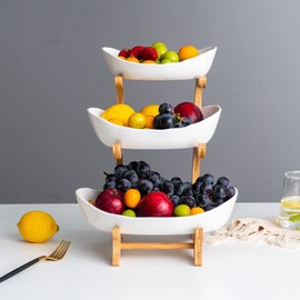 Veloqua 3 Tier Fruit Bowl For Kitchen Counter,Ceramic Fruit Bowl,Large Fruit Basket for Fruit and Vegetable Storage,Fruteros para Cocina,Pottery (White)