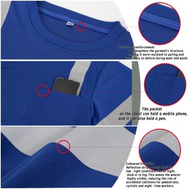 Wuple Safety Shirts for Men Construction Short Sleeve Quick Dry with Pocket Workwear, Class 3 High Visibility Shirts with Reflective Strips Blue 2XL