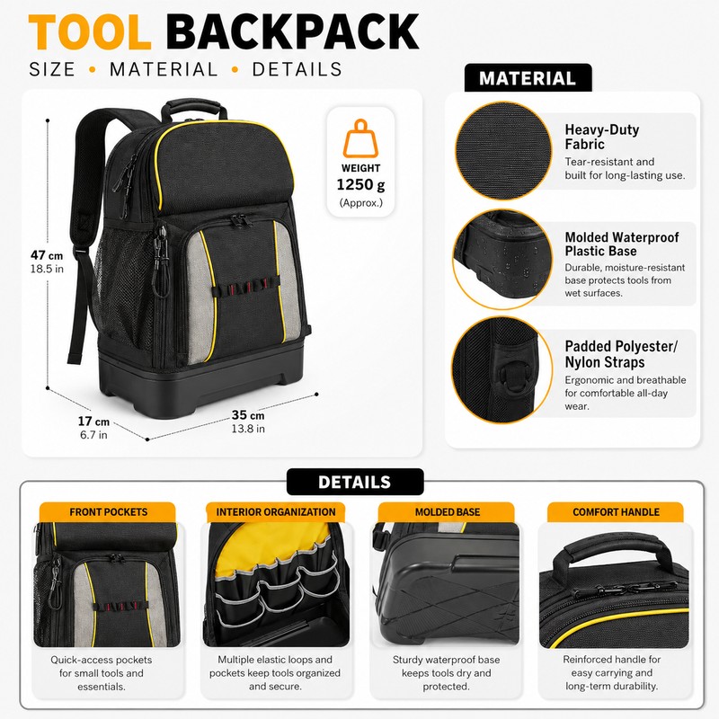 Heavy-Duty Tool Backpack for Jobsite Storage – Multi-Pocket Organizer with