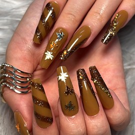 Fall Long Press on Nails Coffin Fake Nails Maple Leaves Rhinestones Lines Design Glitter Glue on Nails Brown Nail Press ons Extra Long Autumn Artificial Stick on Nails for Women 24Pcs