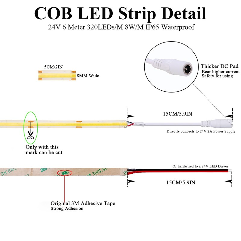 JOYLIT 24V COB LED Strip Lights 2700K Warm White Waterproof