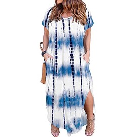 Kancystore Plus Size Dress for Women Casual Summer Tie Dye Dresses Valentines Day Gifts for Wife XL Blue White