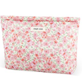 URSKYTOUS Cotton Quilted Makeup Bag for Women Girls Travel Small Pink Floral Cosmetic Bag Cute Coquette Zipper Makeup Pouch for Purse Aesthetic Cloth Flower Makeup Brush Storage Toiletry Bag Organizer