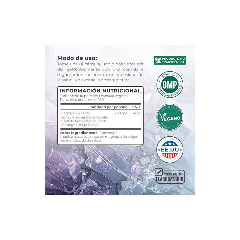 Magnesio Bisglicinato Quelado 200 mg, Cápsulas Veganas, 180 Cápsulas
