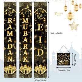 DPKOW 4pcs Ramadan Eid Mubarak Banner Ramadan Decorations for Home, Black Gold Ramadan Mubarak Door Couplets Eid Mubarak Door Banner Islamic Muslim Welcome Porch Sign Ramadan Eid Mubarak Decorations