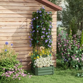 Outsunny Galvanized Raised Garden Bed, 24" x 24" x 11.75" Outdoor Planter Box with Trellis Tomato Cage and Open Bottom for Climbing Vines, Vegetables, Flowers in Backyard, Garden, Patio, Green