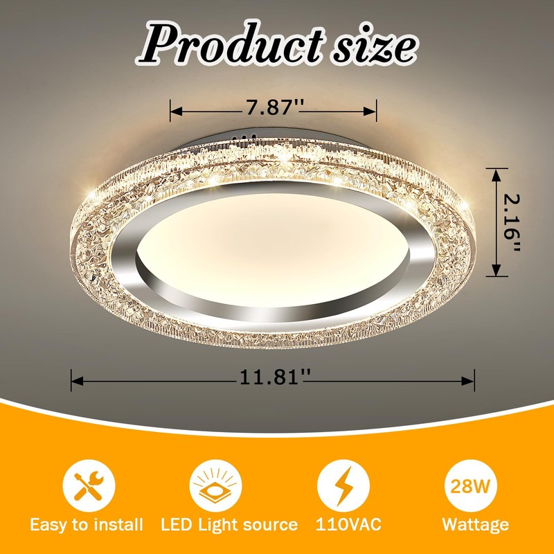 UOFUS 28W LED Flush Mount Ceiling Light Chrome 12inch Modern