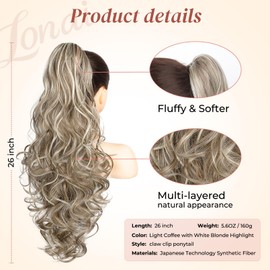 LONAI Ponytail Extension for Women, 26 Inch Claw Clip Ponytail Extensions Wavy Curly Pony Tail Clip in Hair Natural Looking Synthetic Hairpiece for Daily Wear(Light Coffee with White Blonde Highlight)